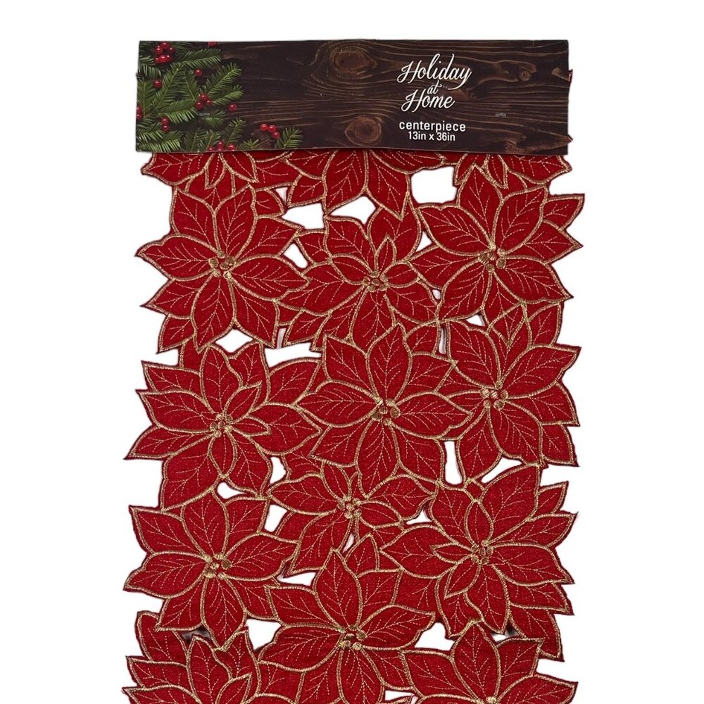 Elrene Poinsettia Cut Work Embroidery Red Gold Centerpiece Table Runner 13" x 36